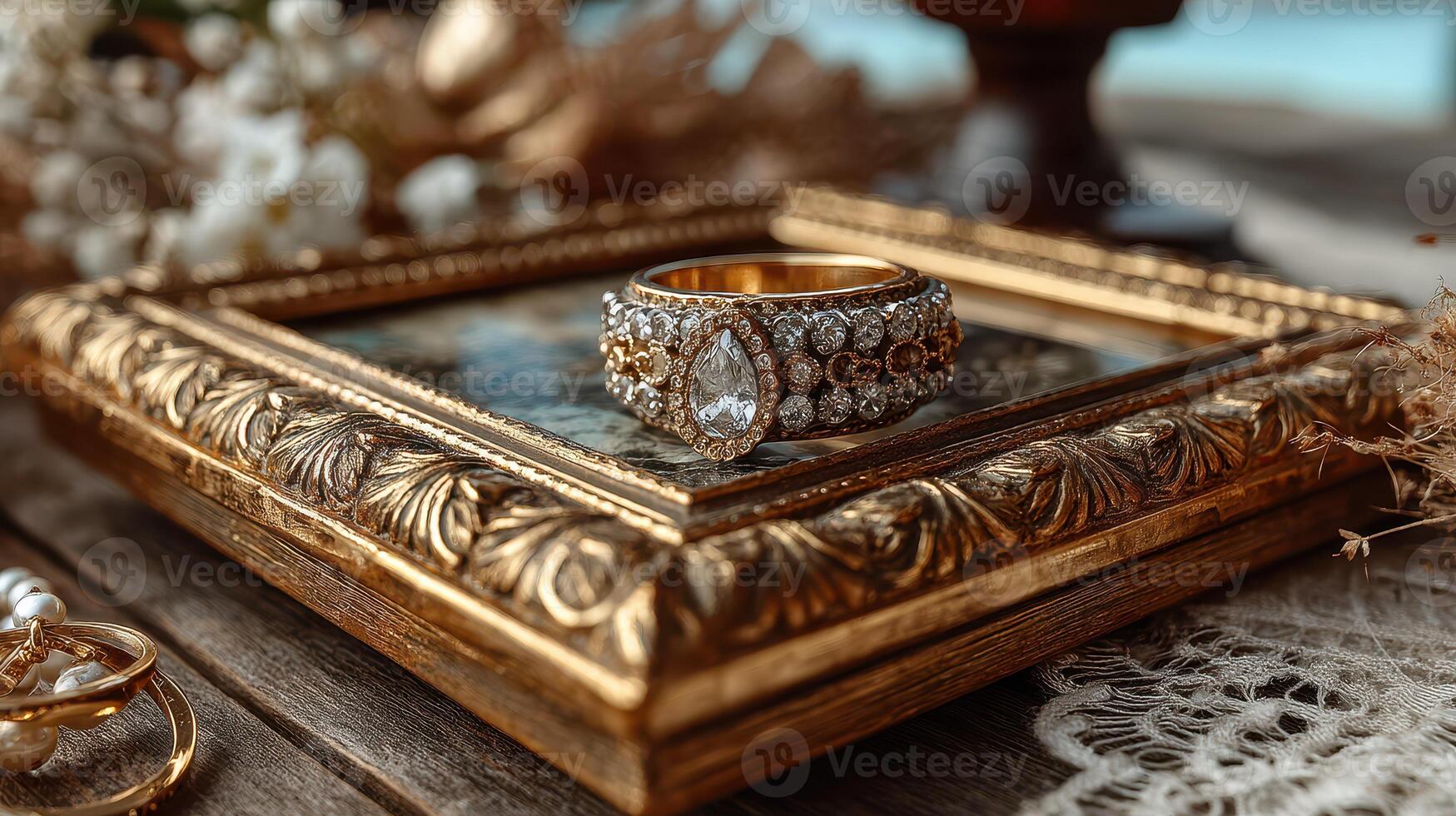 Elegantly designed gemstone ring displayed on an ornate frame with delicate decorations in soft natural lighting photo
