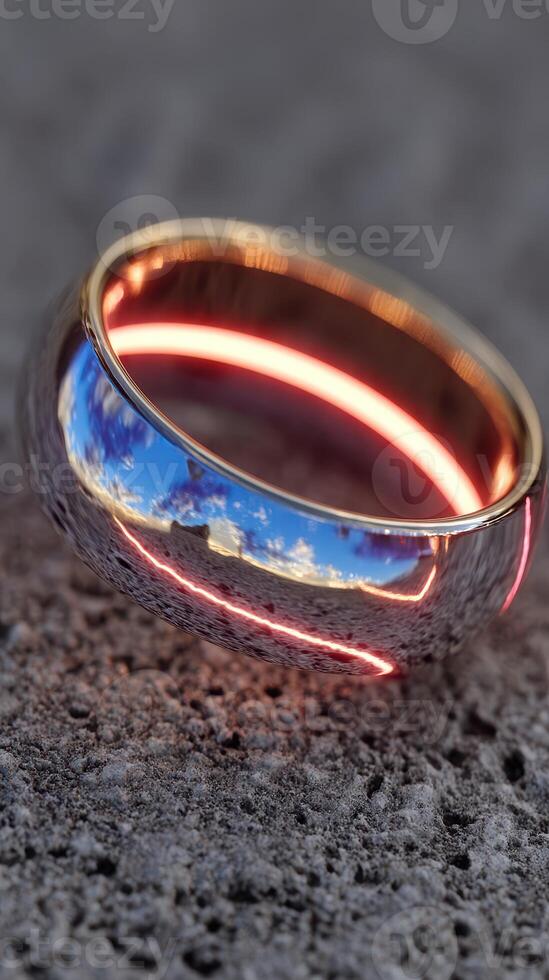 Unique reflective wedding ring rests on textured surface during bright daylight showcasing natural scenery photo