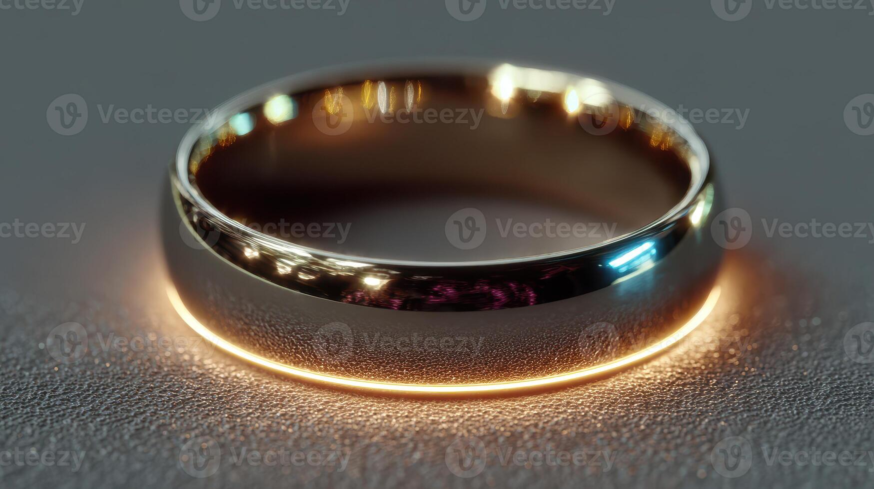 Shiny metallic ring with glowing edge placed on a textured surface, showcasing intricate design and craftsmanship photo
