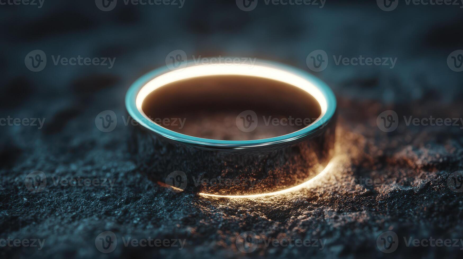 Elegant metallic ring illuminated by soft light on textured surface in dimly lit environment photo