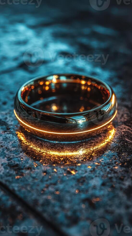 Elegant metal ring reflecting light on wet surface in a dimly lit environment photo
