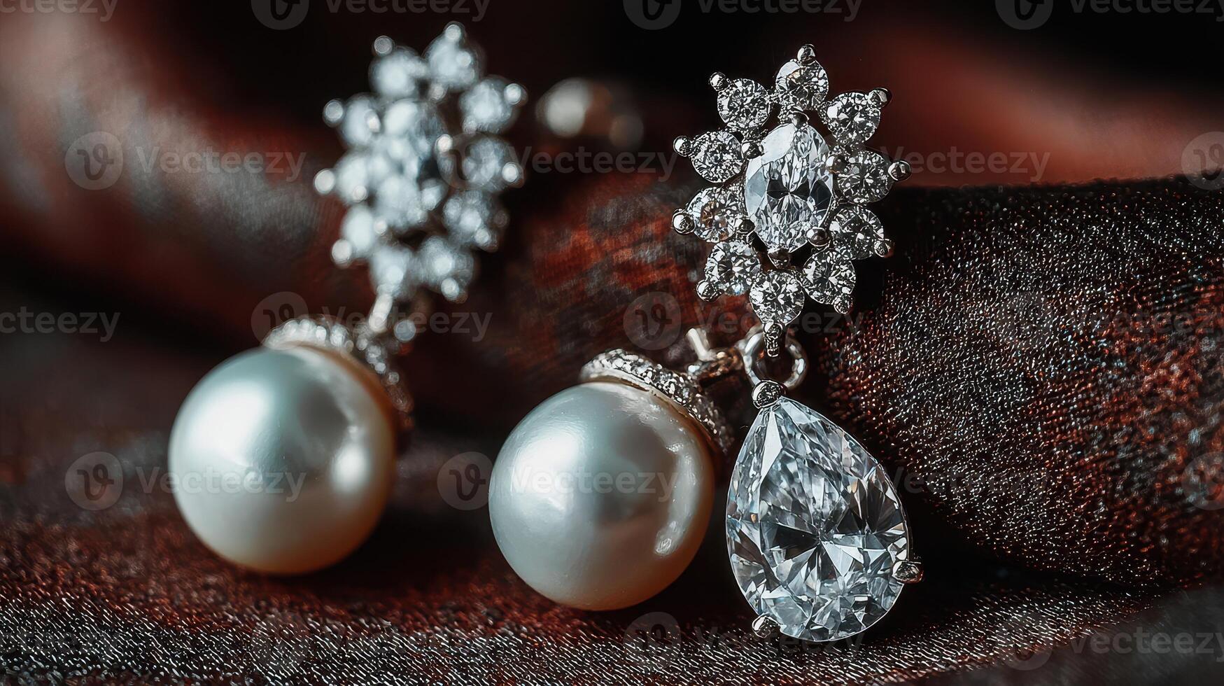 Elegant pearl and diamond earrings displayed on luxurious fabric in soft lighting photo