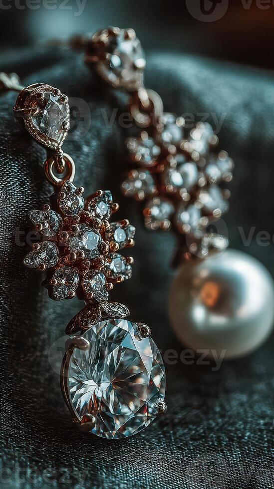 Elegant jewelry showcasing diamond and pearl details on dark fabric background photo