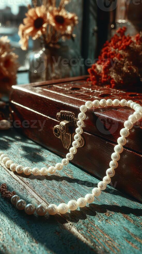Elegant string of pearls draped over vintage jewelry box in warm afternoon light photo