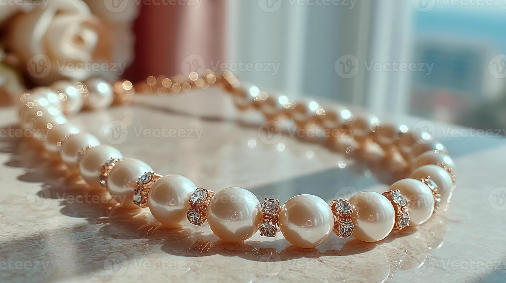 Elegant pearl necklace displayed on polished surface near window with serene background in natural light photo