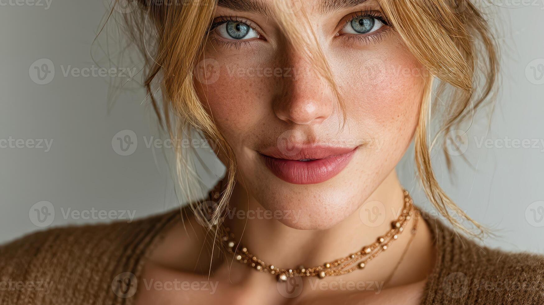 Close-up of a young woman with striking blue eyes and soft lips posing confidently indoors during daylight hours photo