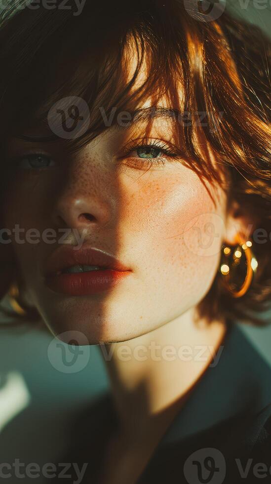 Model poses with artistic lighting highlighting features in a close-up portrait at golden hour photo