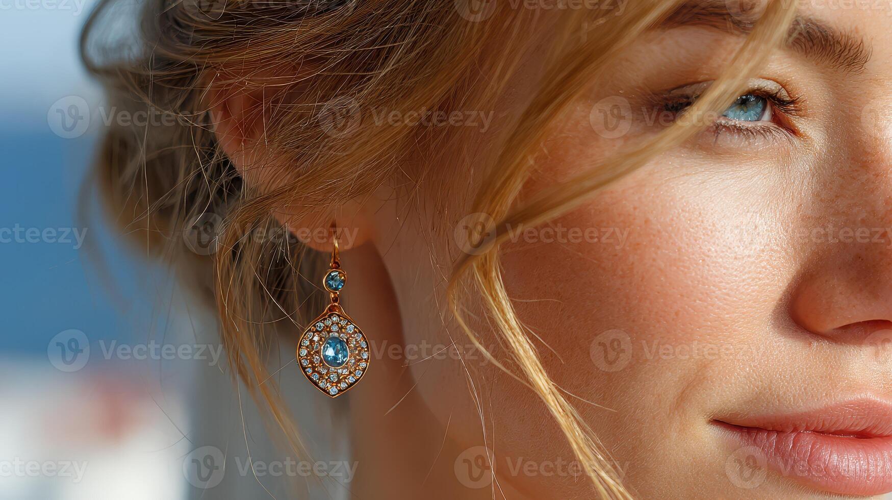 Close-up of a young woman showcasing elegant jewelry in a bright interior setting with natural light streaming through photo