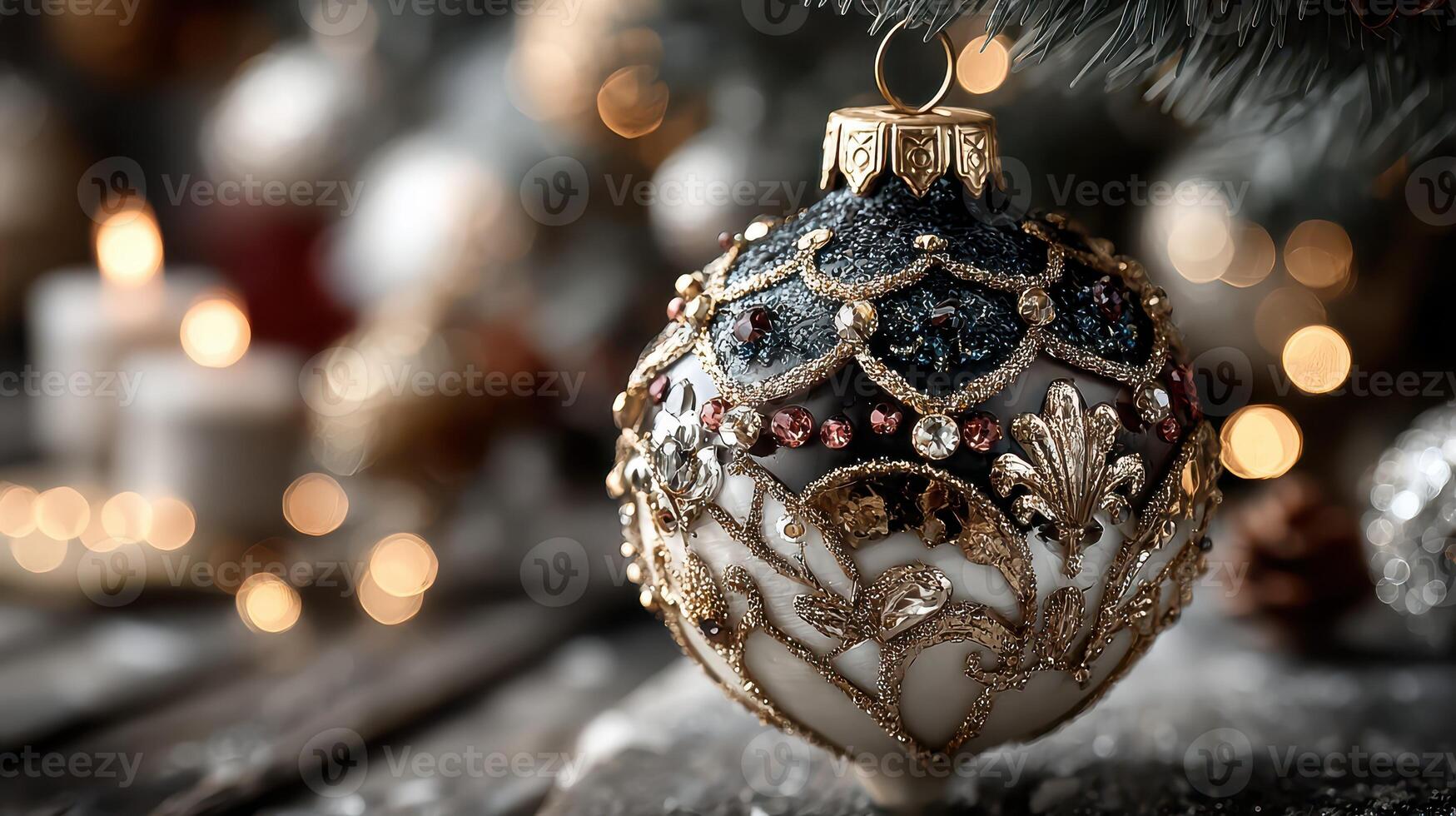 Decorative holiday ornament with intricate design and shimmering embellishments in a cozy winter setting photo