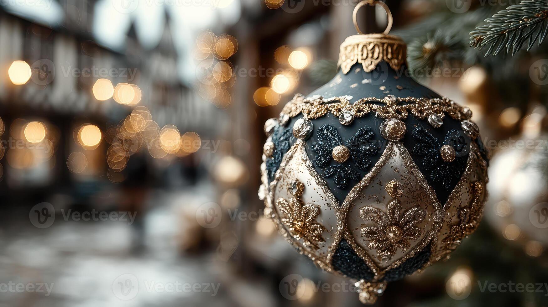 Decorative Christmas ornament hanging on a tree in a winter festive market with blurred lights photo