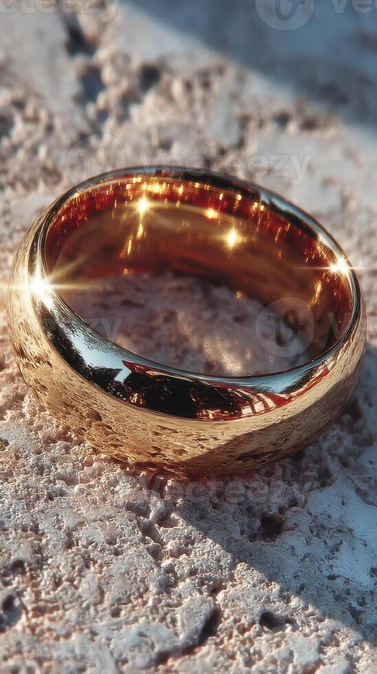 Elegant gold wedding ring resting on textured stone surface in natural light, capturing reflections and brilliance photo