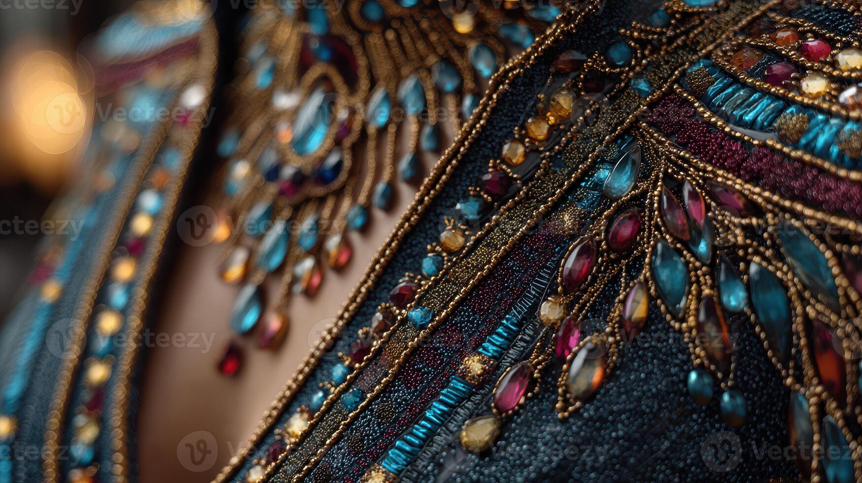 Intricate jewelry adorns traditional attire showcasing cultural craftsmanship in a close-up view photo