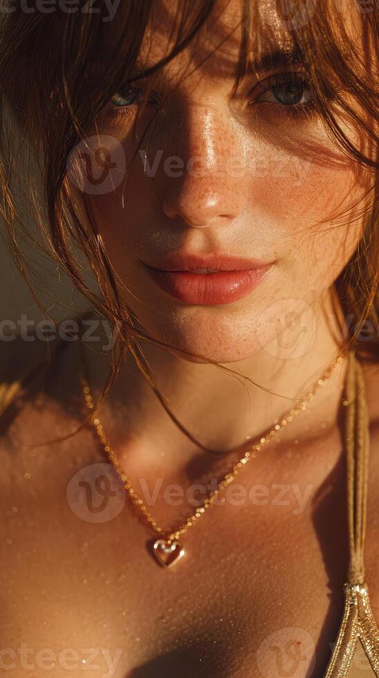 Close-up of a woman with glistening skin and heart necklace during golden hour in a natural setting photo