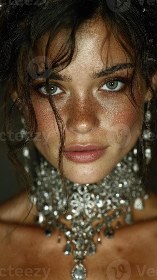 Stunning close-up of a model adorned with intricate jewelry showcasing natural beauty and unique features in a soft-lit setting photo