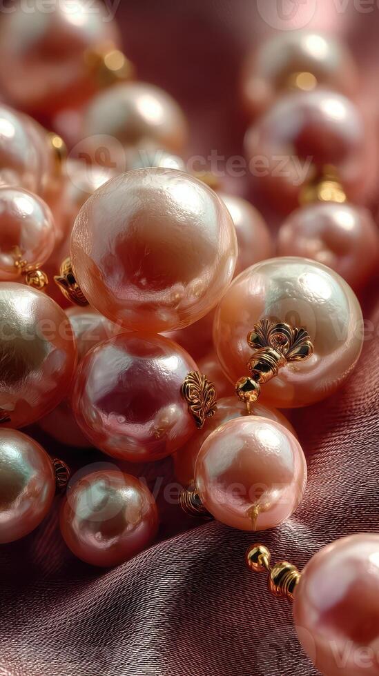Beautiful collection of pink pearls resting on luxurious satin fabric in a soft, warm light during a serene afternoon photo