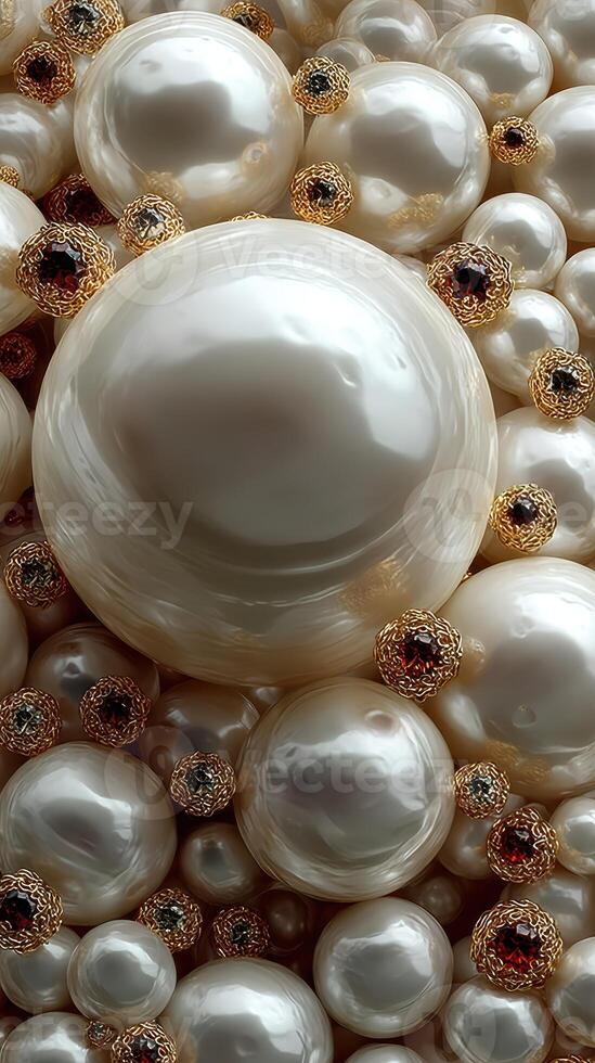 Elegant arrangement of white pearls with intricate gold details showcases luxury and sophistication in design photo