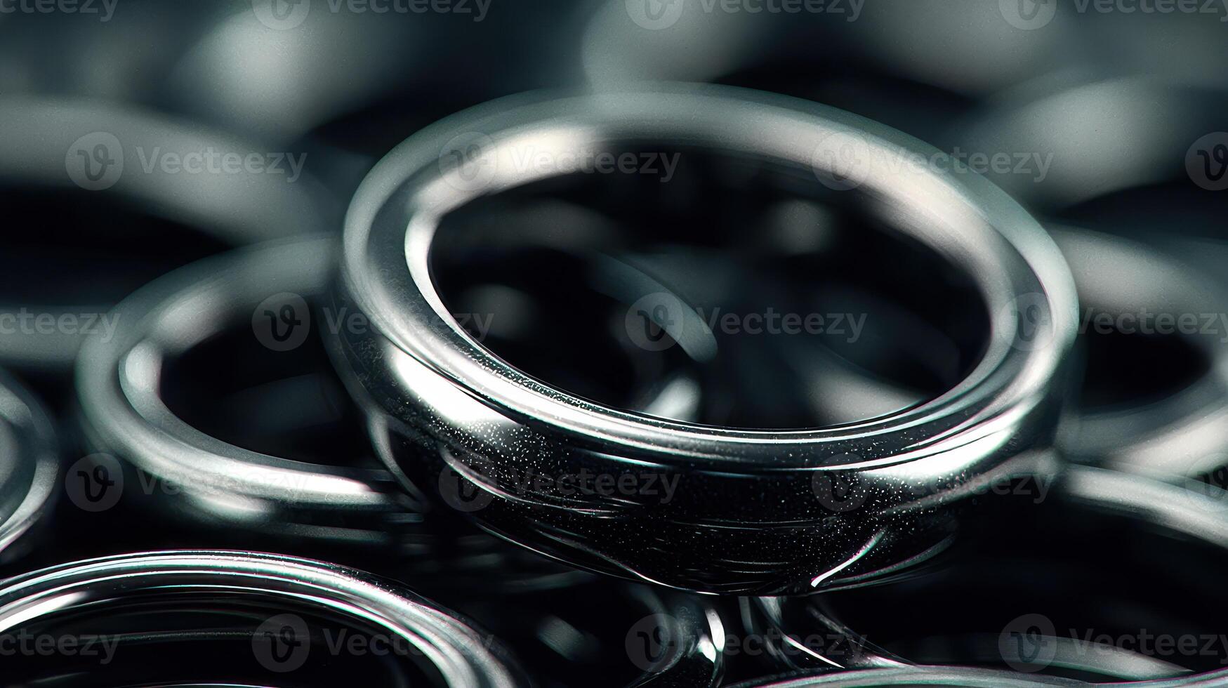 Close-up view of multiple shiny silver rings stacked together showcasing unique designs and textures photo