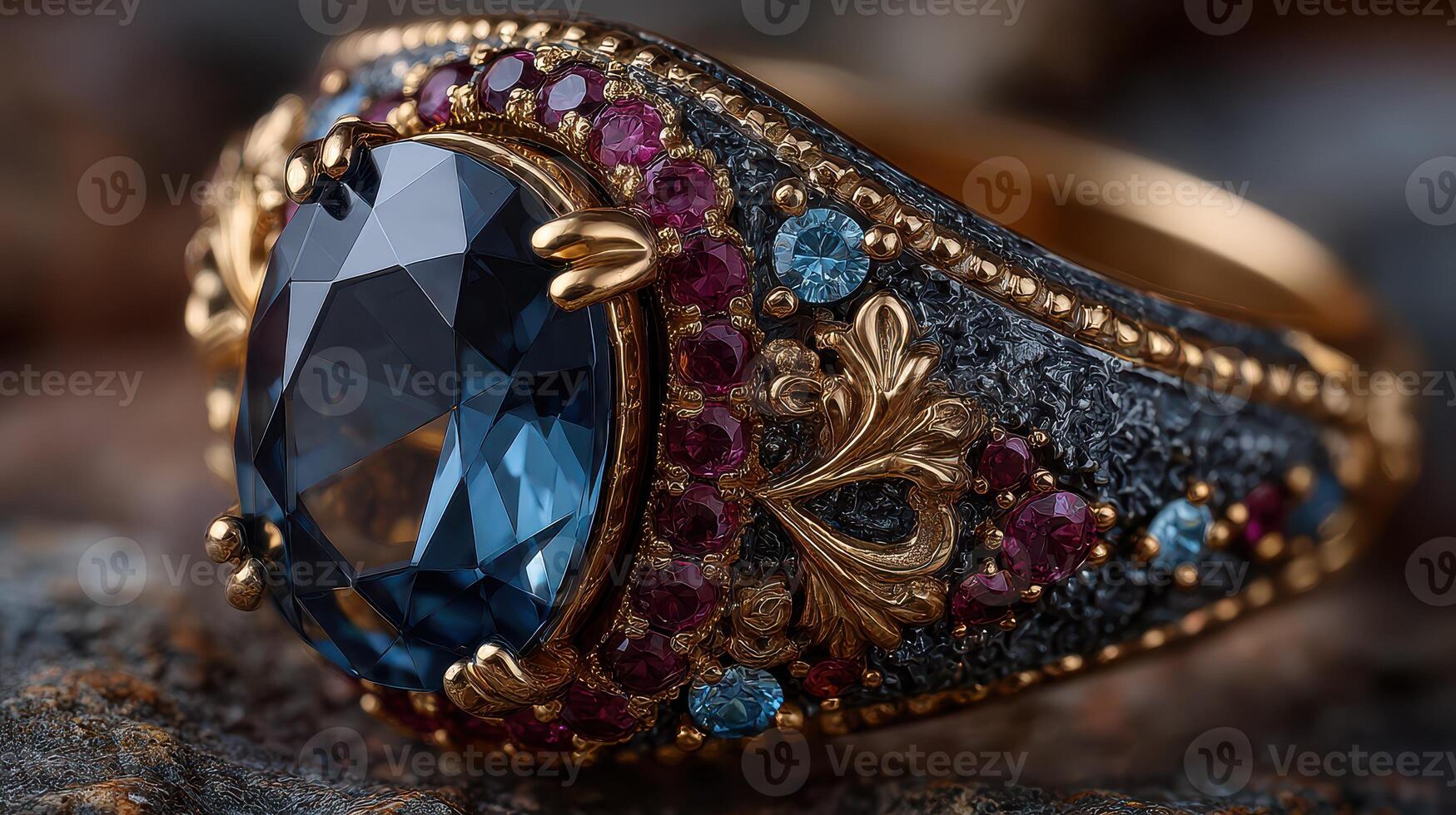 Elegant vintage ring with a large blue gemstone and intricate detailing displayed on a textured surface photo