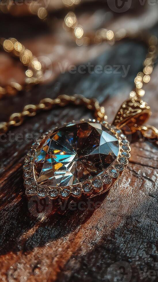 Exquisite golden necklace with a sparkling gemstone on a wooden surface photo