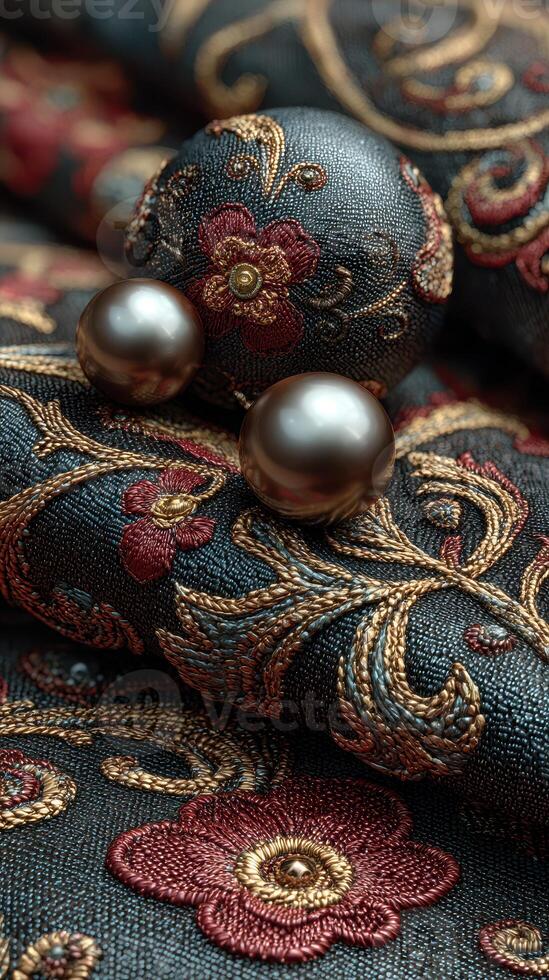Elegant black fabric with intricate floral patterns and dark pearls displayed in soft focus for a luxurious aesthetic photo