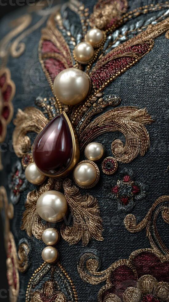 Intricate embroidery and jewels create a stunning textile design with elegance and cultural heritage photo