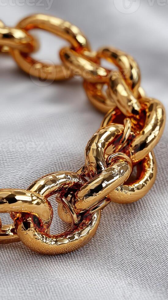 Shiny golden chain links on soft fabric highlighting intricate design and craftsmanship during daylight hours photo