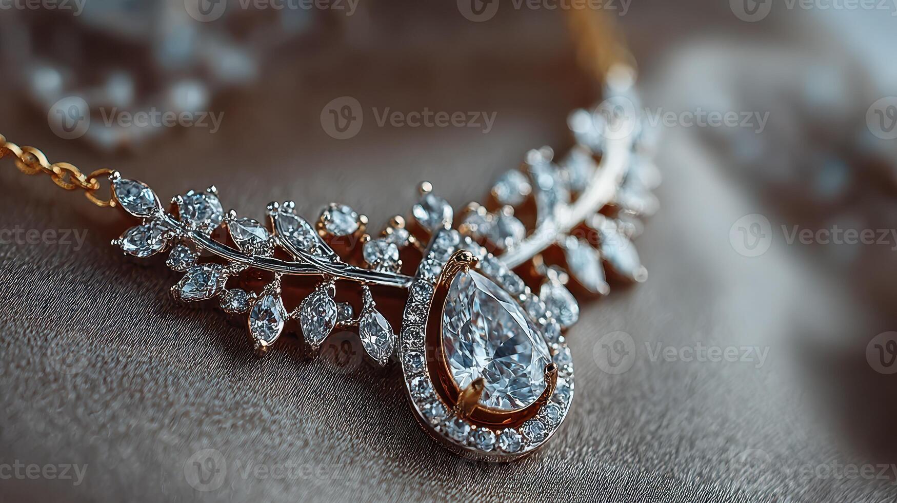 Elegant diamond necklace adorned with intricate gold leaf designs showcased on a soft fabric background photo