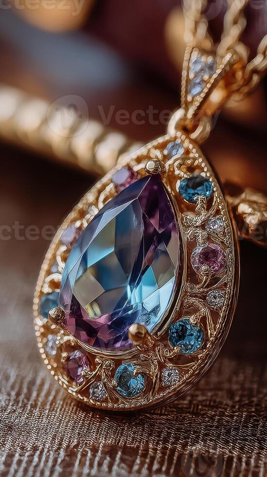 Elegant pendant featuring a large teardrop gemstone with intricate gold detailing and colorful accents set on a textured surface photo