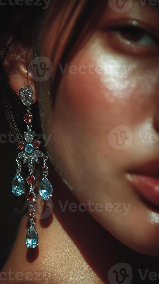 Elegant jewelry showcase featuring sparkling earrings against a softly lit background in an artistic close-up photo