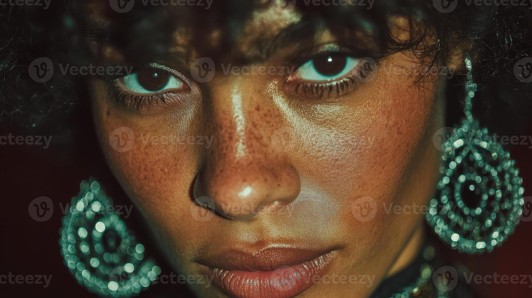 Intimate portrait of a woman with striking earrings in a dimly lit setting during an evening gathering photo