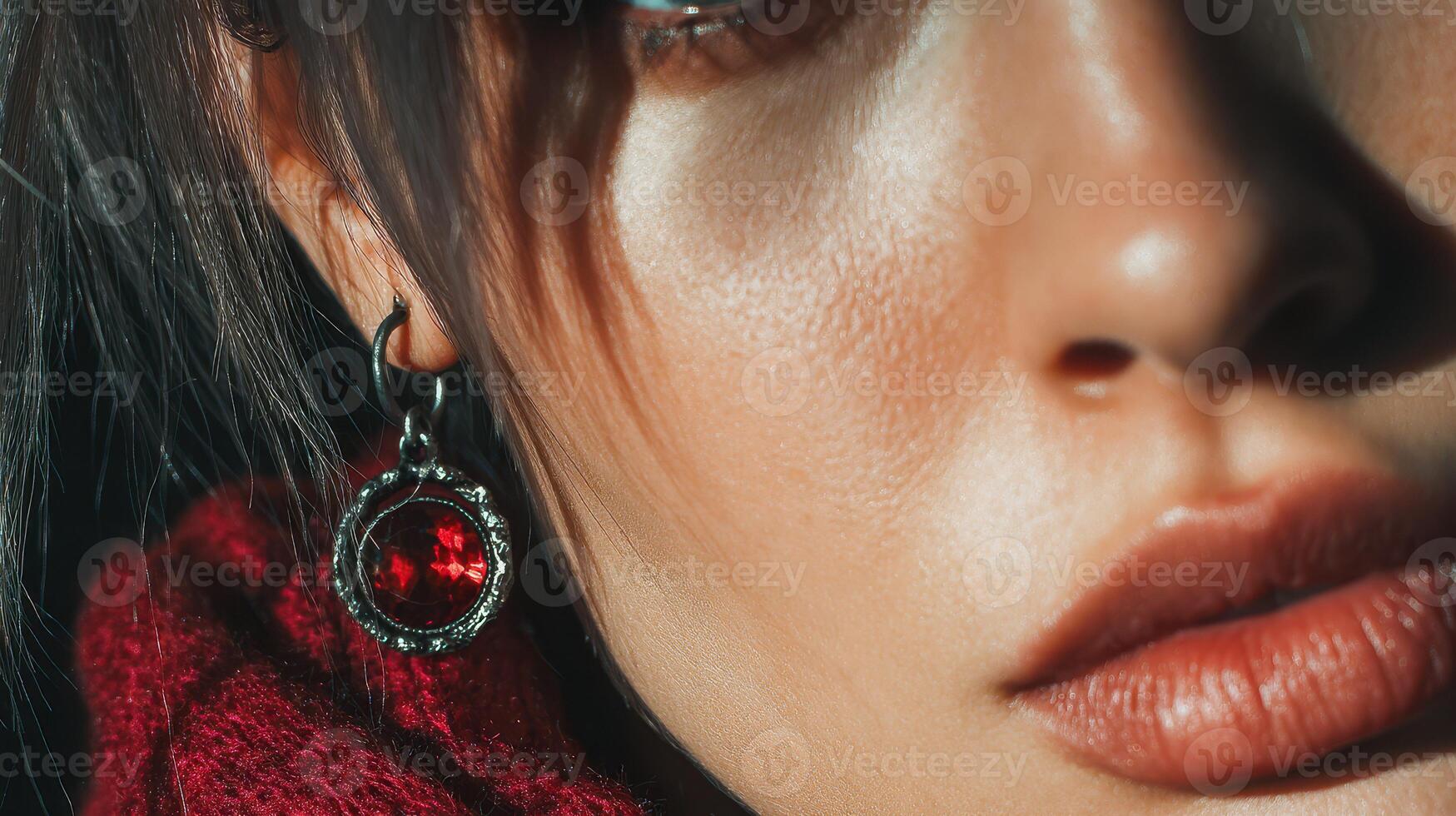 Close-up view of a person showcasing elegant jewelry and striking facial features in a cozy indoor setting during evening hours photo