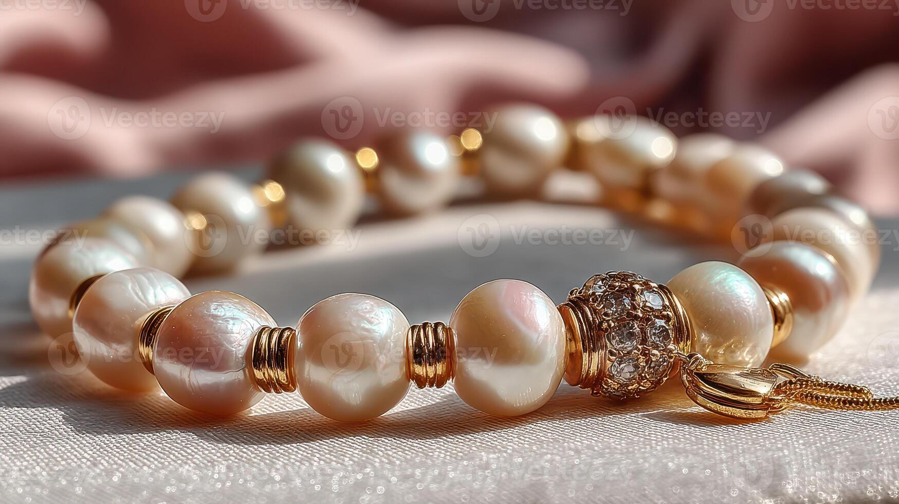Elegant pearl bracelet with gold accents showcased on soft fabric in warm lighting photo
