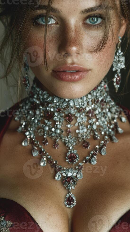Elegant woman wearing intricate jewelry in a close-up portrait with captivating eyes and soft features photo