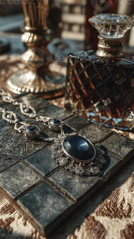 Elegant vintage jewelry and glass decanter displayed on a richly textured surface in a softly lit setting photo