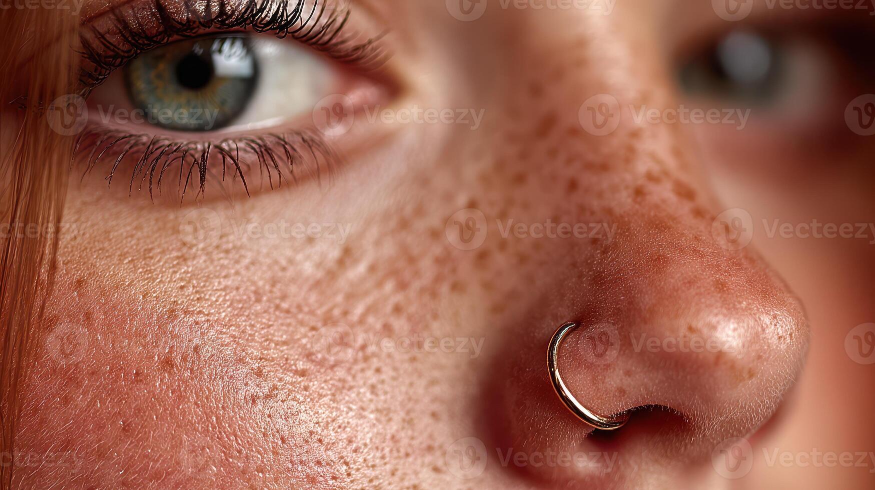 Close-up of a young person with piercing and expressive features, showcasing natural beauty and unique style in bright lighting photo