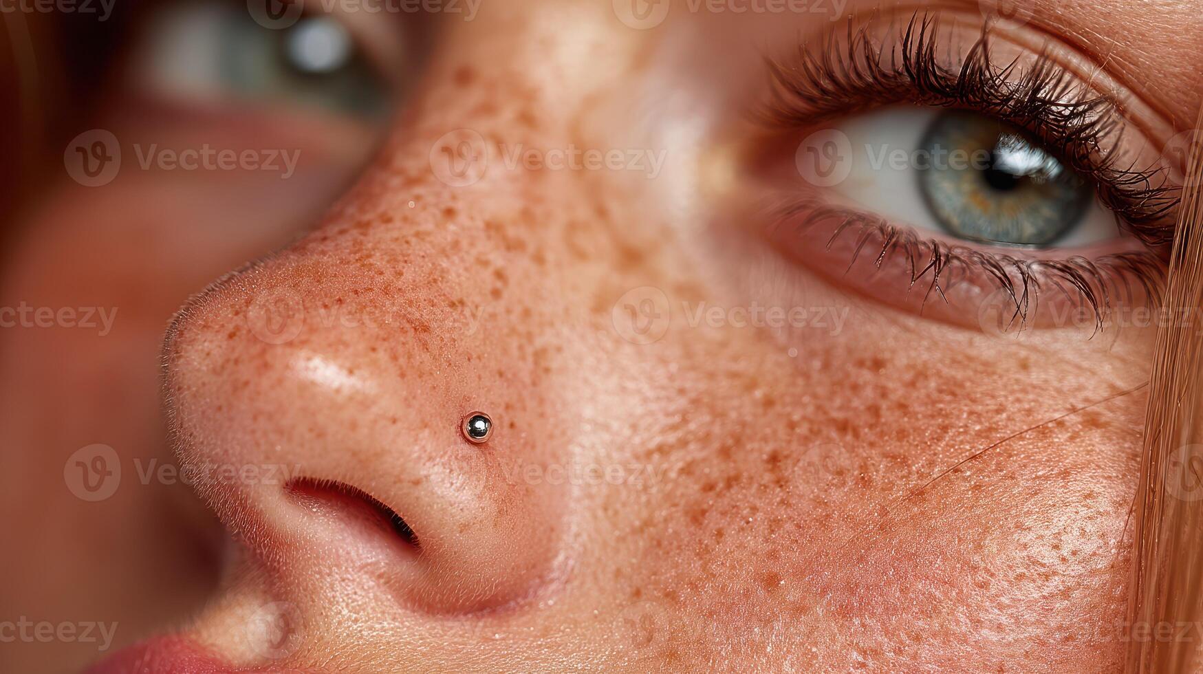Close-up of a young woman with beautiful freckles and a nose piercing in natural light, showcasing her striking features and deep blue eyes photo