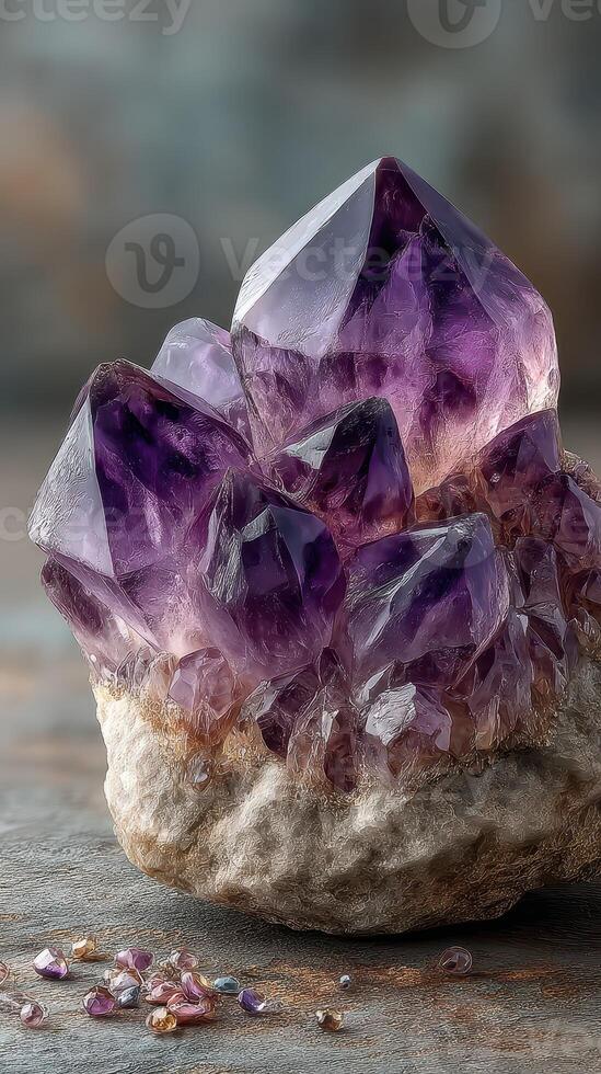 Beautiful cluster of amethyst crystals displayed on a textured surface with small crystals nearby in soft lighting photo