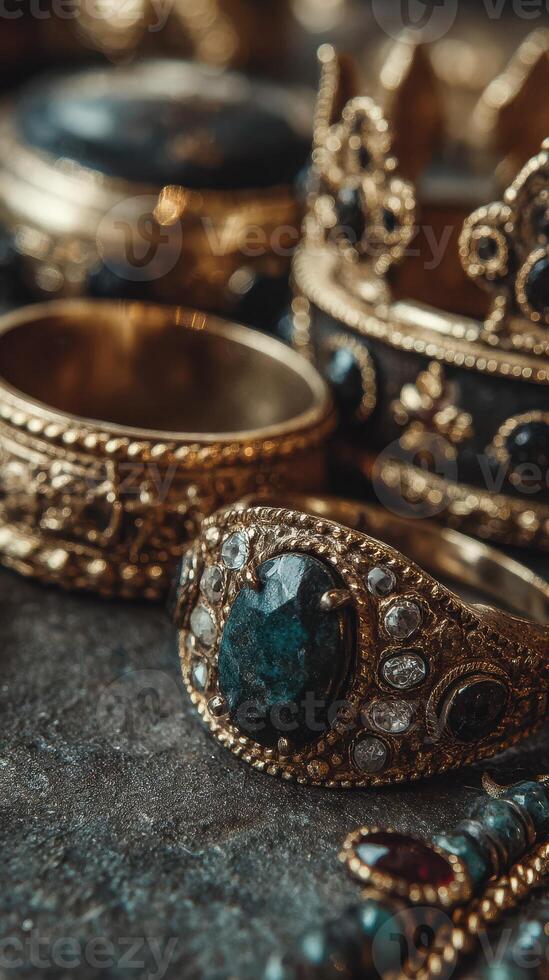 Intricate gold jewelry displaying gemstones arranged artistically on a textured surface photo
