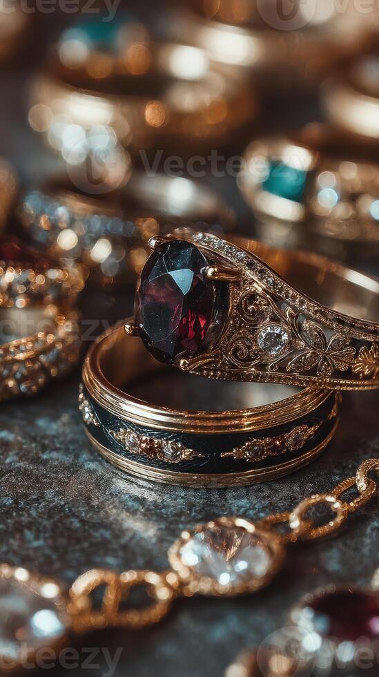 Elegant gold rings with gemstones displayed on a textured surface in a luxury jewelry setting photo