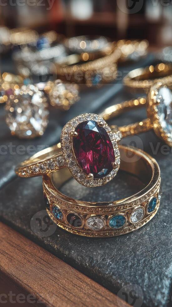 Exquisite gold rings adorned with colorful gemstones displayed on a wooden surface in an elegant jewelry shop photo