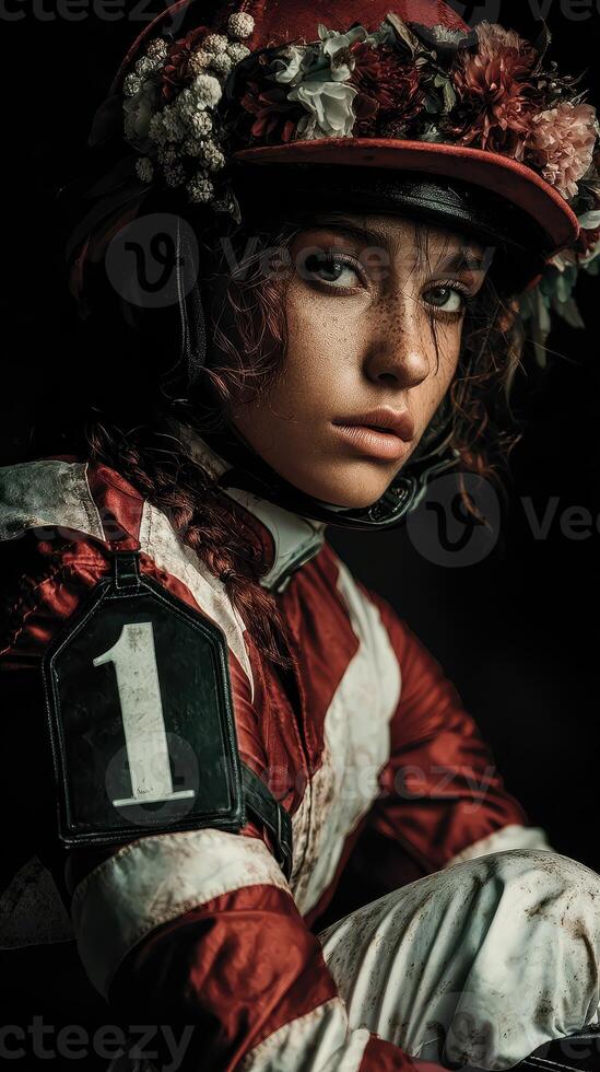 Jockey in racing attire with flowers on helmet preparing for a race at a dark stable photo