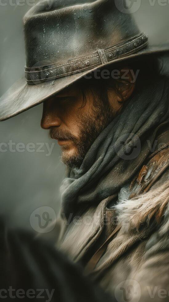 Western cowboy in a rugged hat with a somber expression captures the essence of frontier life on a cloudy day photo