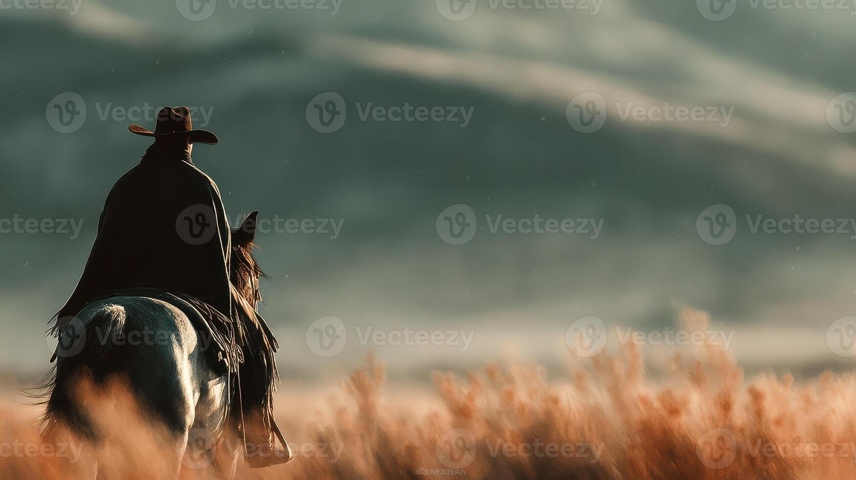 Cowboy riding horse through tall grass at sunset, surrounded by mountains in the background photo