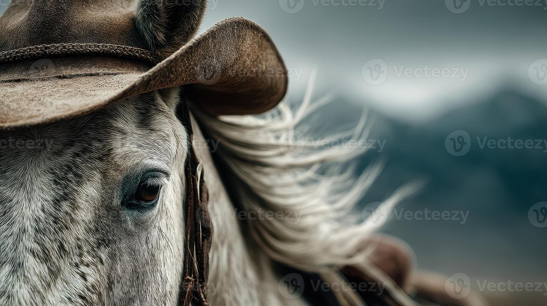 Close-up of horse with flowing mane, wearing cowboy hat against mountainous backdrop during cloudy day photo