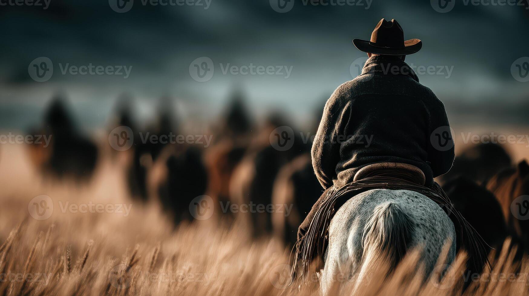 Cowboy herding cattle through golden grasslands at twilight under a dramatic sky in the American West photo