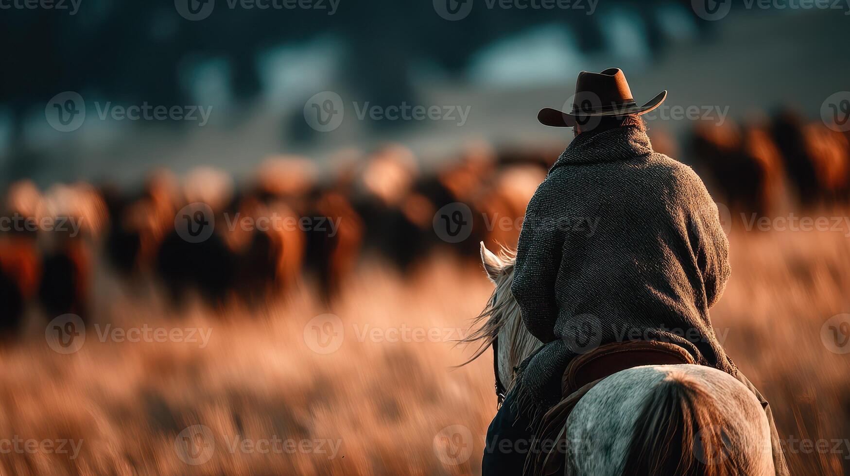 Cowboy herding cattle through a golden field at dusk in the countryside photo
