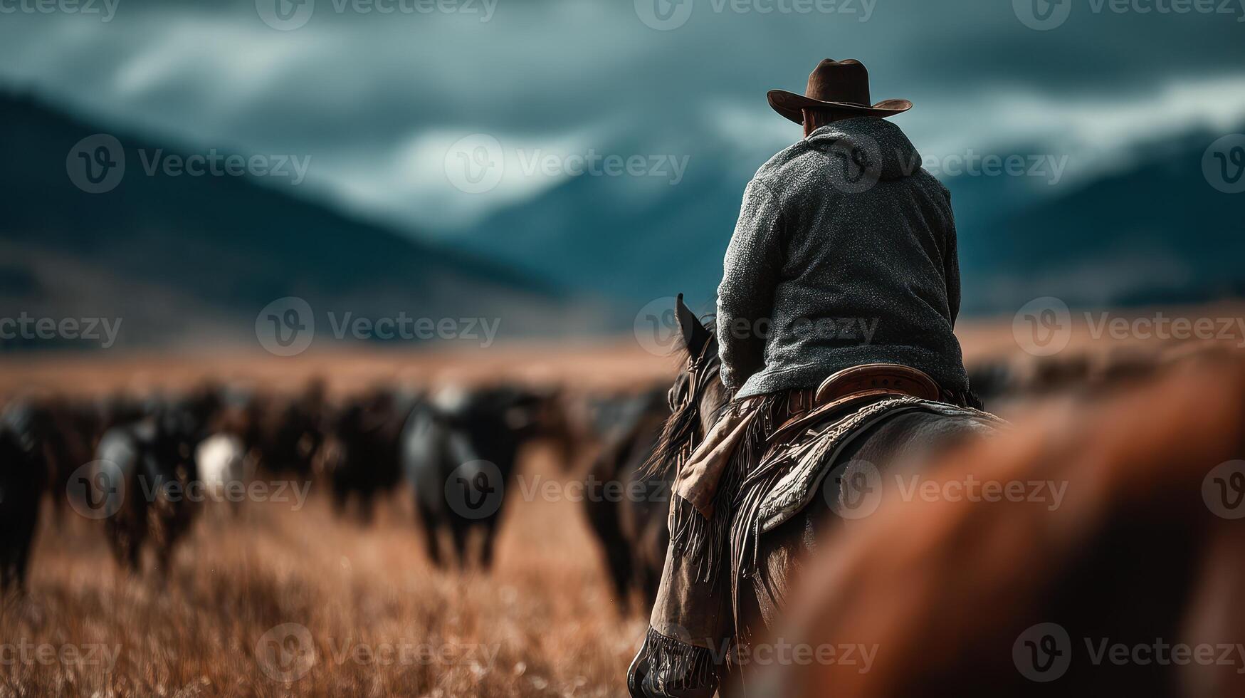 Cowboy herding cattle on horseback in a vast open field near snow-capped mountains during a dramatic cloudy day photo
