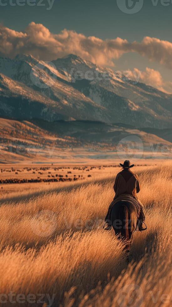Horseback rider traverses golden grasslands against snow-capped mountains during sunset in a breathtaking landscape photo