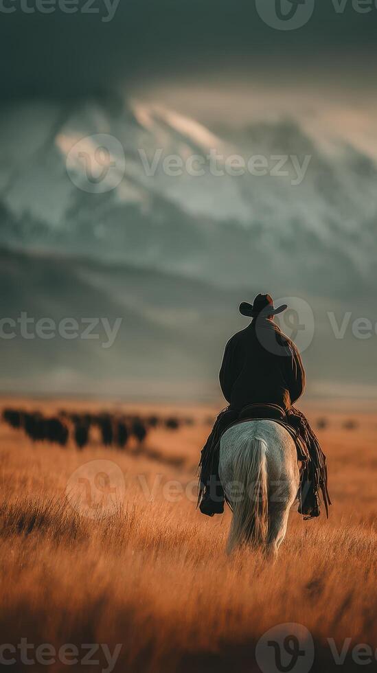 Cowboy herding cattle in a golden landscape under a cloudy sky during sunset in a mountainous region photo