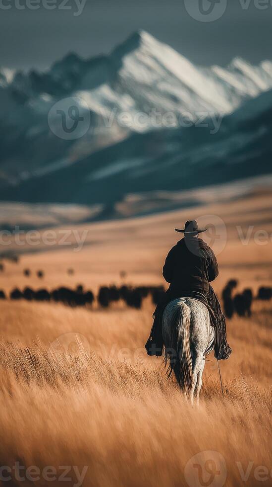 Cowboy rides a horse across golden grasslands with snow-capped mountains in the background during sunset photo